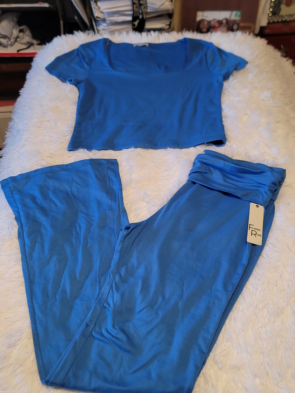 Faded Rose Blue Two-Piece Bell Bottom Crop Top Set